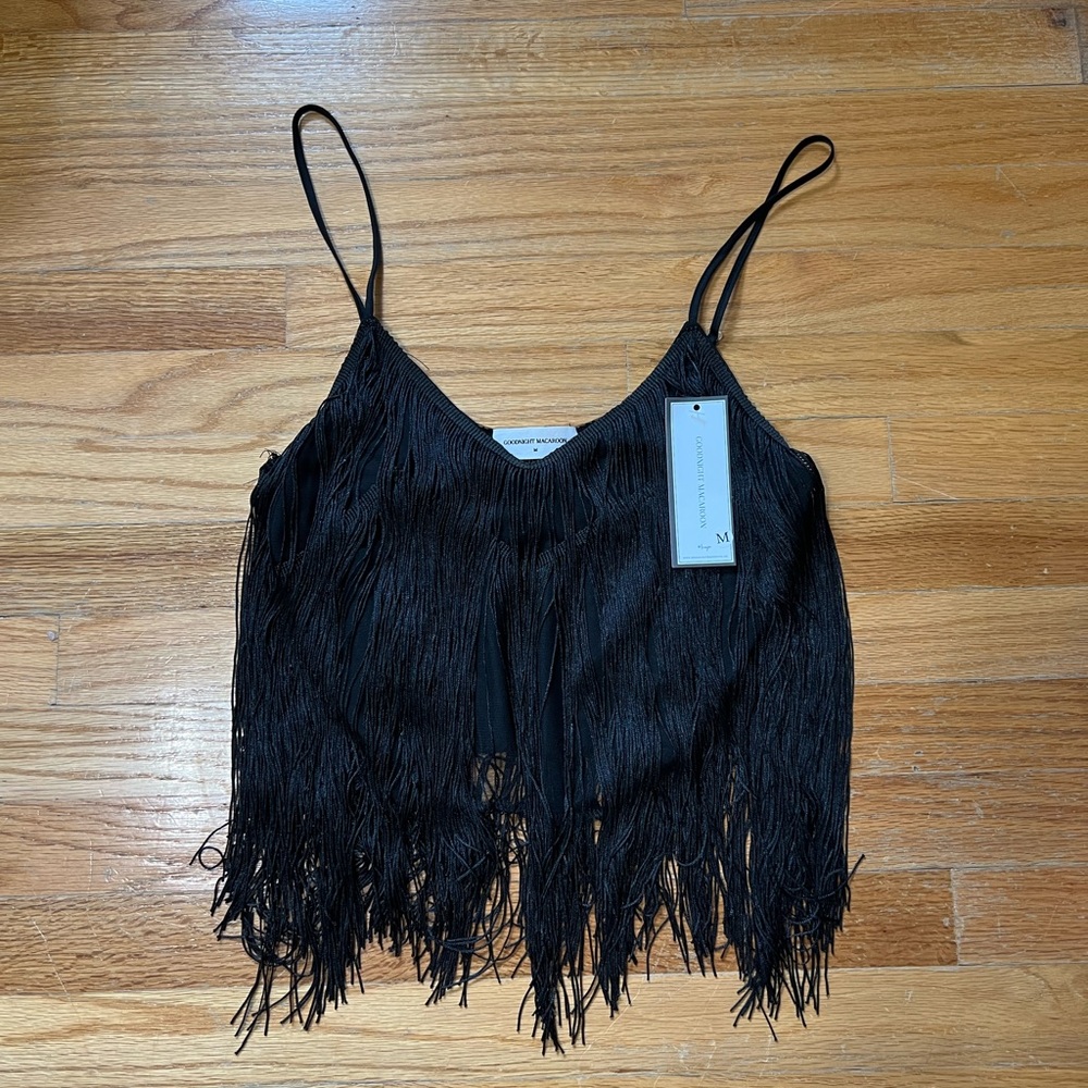 Goodnight Macaroon Fringe Black Crop Top Size M - NWT